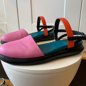 Camper: Pink, Orange and black summer mules with back strap. Sz 8/39